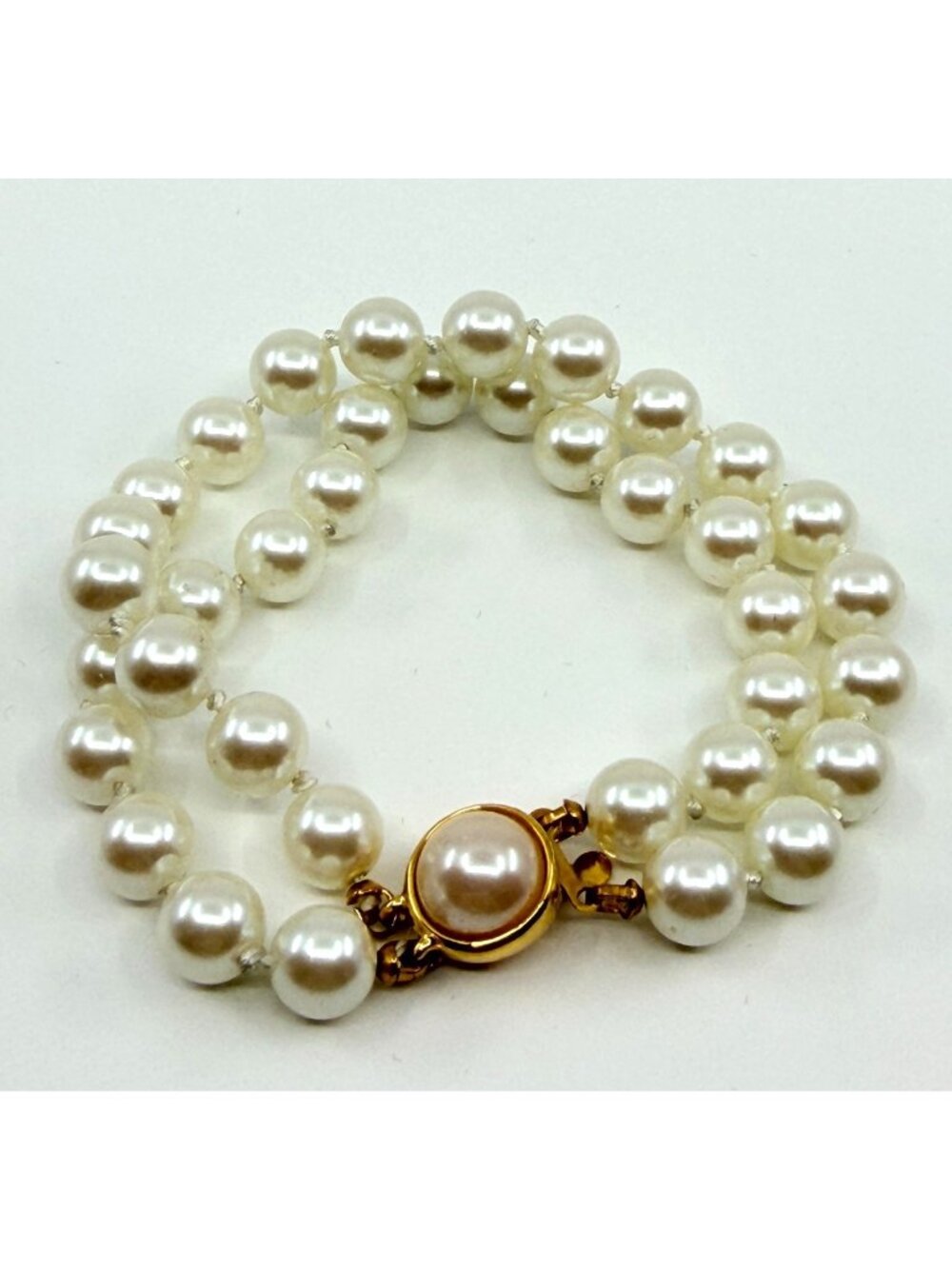 Vintage Double Strand White Faux Pearl Bracelet with Gold Tone Clasp Y2K